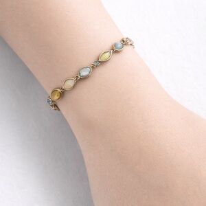 Gold Tone Multicolor Stone Bracelet Blue Yellow Station Link Bracelet